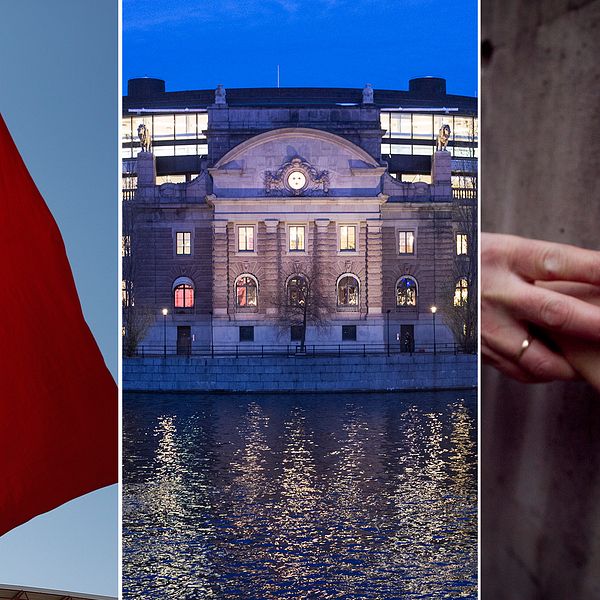 Den turkiska flaggan med månen och stjärnan, symboler för islam, Sveriges riksdag och en hand upptryckt mot en vägg.