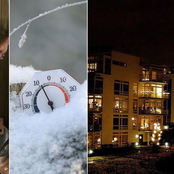 Tredelad bild: Bastu, en termometer i snö och lägenheter utifrån