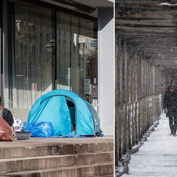 Hemlösa har slagit läger vid en byggnad i centrala Bryssel (vänster). Människor går på en gångbro över järnvägsspår i Bukarest, Rumänien (höger).