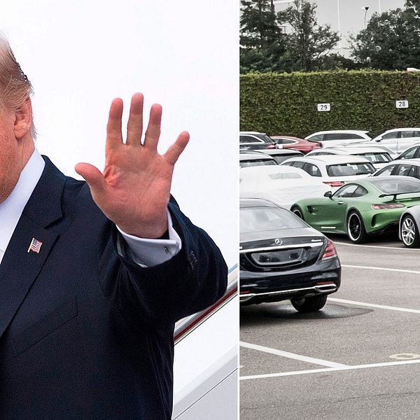 Donald Trump och bilar vid en Mercedes-Benz-fabrik i Tyskland