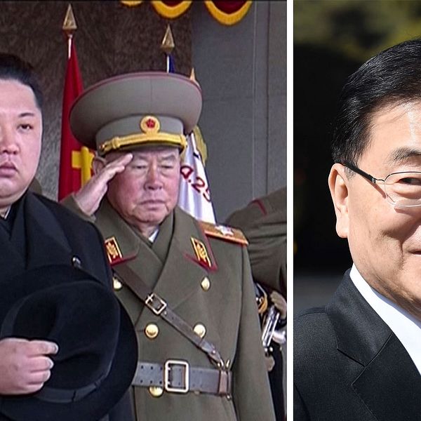 Den nordkoreanske ledaren Kim Jong-Un på en militärparad i februari i år. Sydkoreas nationella säkerhetsrådgivare Chung Eui-Yong.