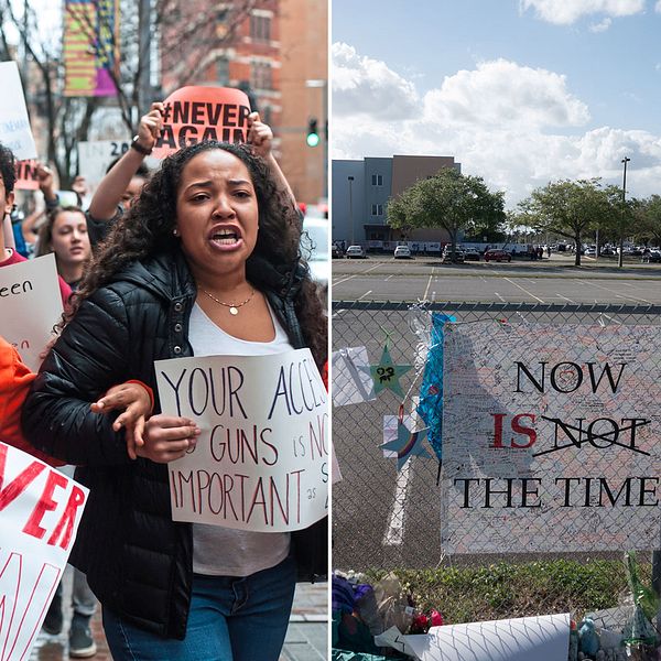 Protesterande amerikanska studenter och en bild utanför skolan som drabbades av den senaste skolskjutningen i Florida.