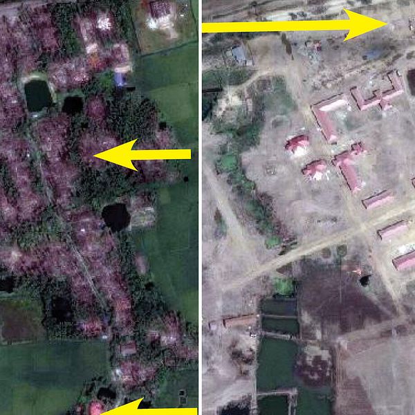 Till vänster, den nedbrända byn Kan Kya den 25 oktober 2017, till höger har byn jämnats med marken och militära byggnader har byggts upp.