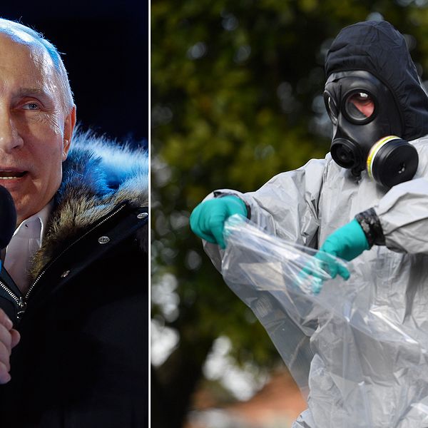 Rysslands president Putin och brittiska tekniker tar prover på räcken i Salisbury.