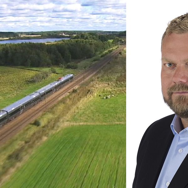 Flygbild på tåg på räls och pressbild på Jonas Karlsson, vd på Oslo-Stockholm 2.55.