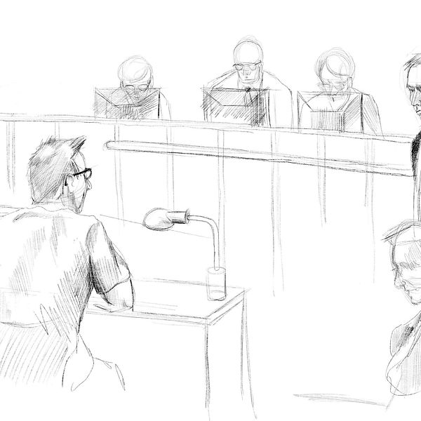 Teckning av Peter Madsen i rättssalen