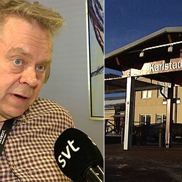 Till vänster syns Hans Wennerholm titta snett förbi kameran, en mikrofon är riktad mot honom. Till höger syns Karlstad airports entré