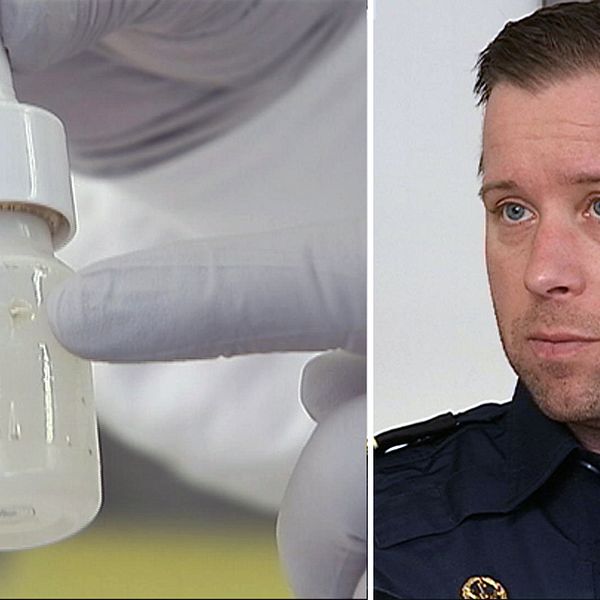Nässpraysflaska som innehåller drogen fentanyl. Porträtt Robert Öhman, sektionschef underrättelsetjänsten