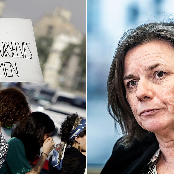 En bild från protester i Egypten om sexuella trakasserier mot kvinnor, samt en bild på biståndsministern Isabella Lövin (MP).