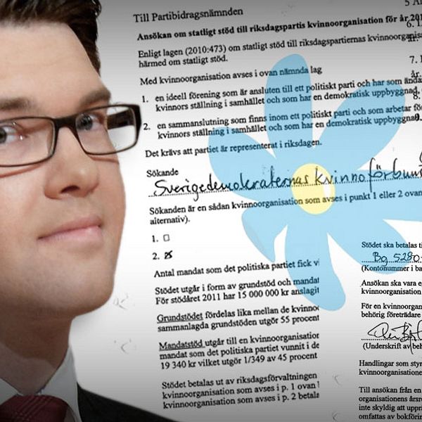 Sverigedemokraternas partiledare Jimmie Åkesson. Infälld bild: SD:s ansökningar om bidrag för kvinnoförbundet.