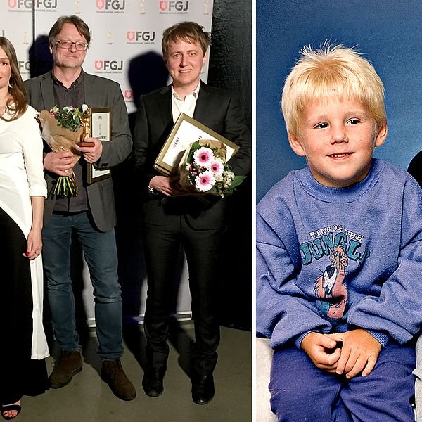 Del av den prisvinnande gruppen (till vänster) bakom reportaget Fallet Kevin: Jakob Larsson, Anna Nordbeck, Dan Josefsson och Johannes Hallbom