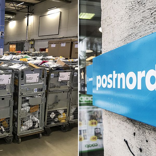 Delad bild: En på flera paket som förvaras i postens lager, samt en bild på en Postnord-skylt utanför en matvarubutik.