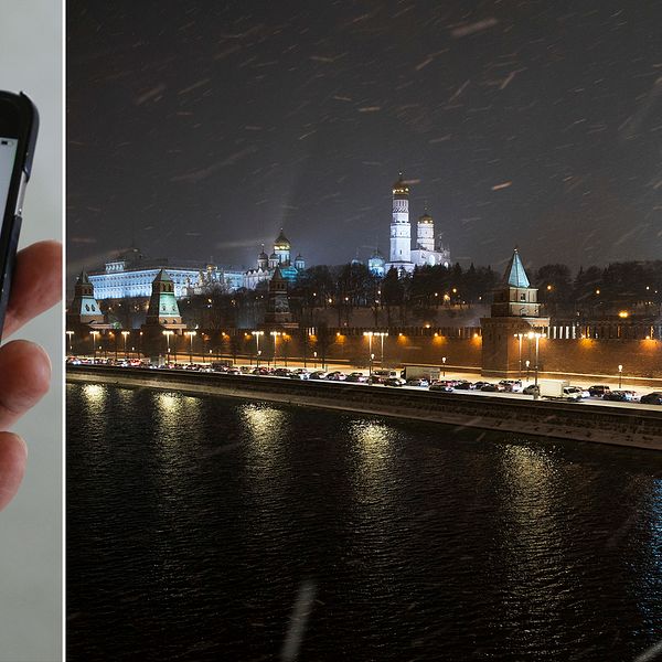 Till vänster: bild på appen Telegram. Till Höger: Vy över Kreml i Moskva.