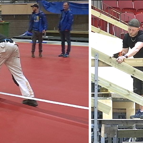 Uppbyggnad av Halmstad Arena inför lag-VM i bordtennis.