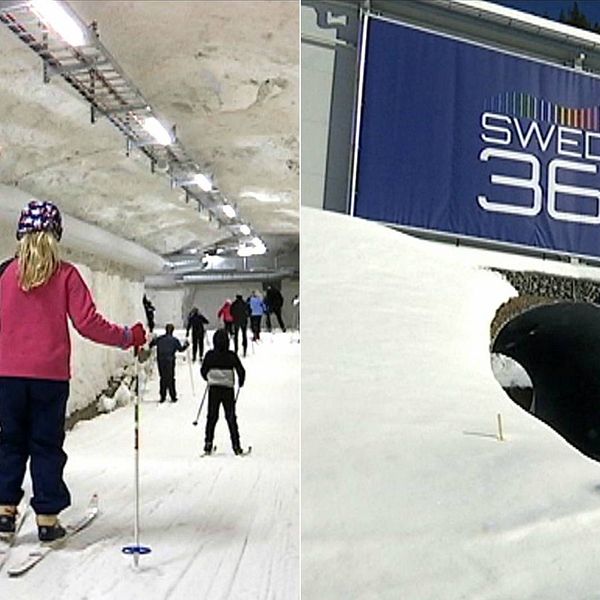 Bild med barnfamilj som åker skidor inne i en snöig skidtunnel, och en bild på ingången till tunneln med en skylt med text r Mid Sweden 365.