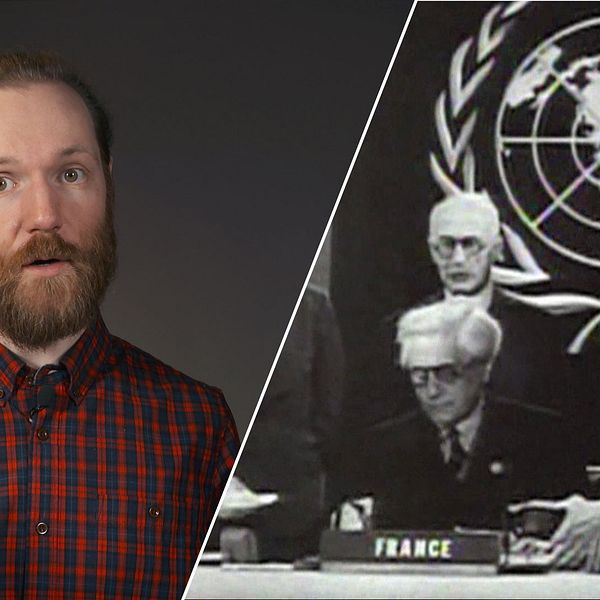 Reporter förklarar och historiskt foto på säkerhetsrådet.
