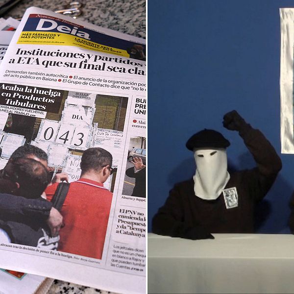 Baskiska tidningar och en arkivbild på två maskerade ETA-medlemmar.