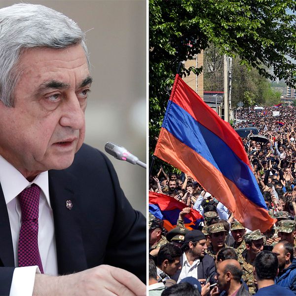 Armeniens avgående premiärminister Serrzj Sargsian och bild på protesterna mot honom.