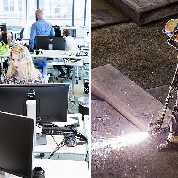 Till vänster: Två kvinnor står vid en dator i ett kontorslandskap. Till höger: En byggarbetare står och arbetar på marken i skyddsdräkt.