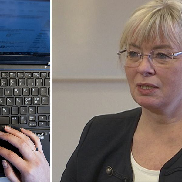 Till vänster: Händer på ett tangentbord. Till höger: Gunilla Karlström.