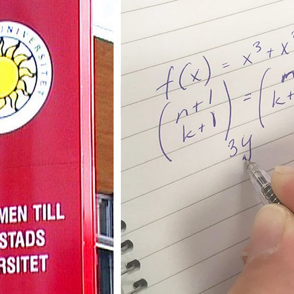 Till vänster syns en röd skylt med Karlstads universitets logga på. Under den står det Välkommen till Karlstads universitet. Till höger i bild syns ett anteckningsblock där en hand skriver en komplicerad algebraisk matteuppgift.