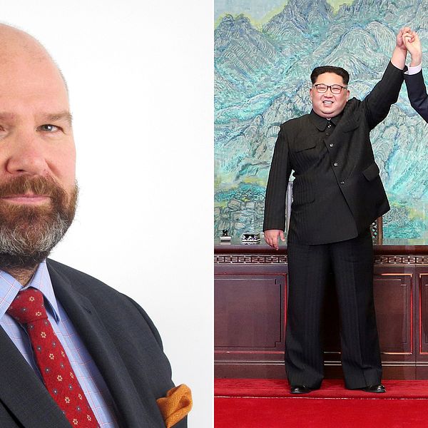 Delad bild: Först en bild på säkerhetsanalytikern Niklas Swanström, sedan en bild på Nordkoreas ledare Kim Jong-Un och Sydkoreas president Moon Jae-In.