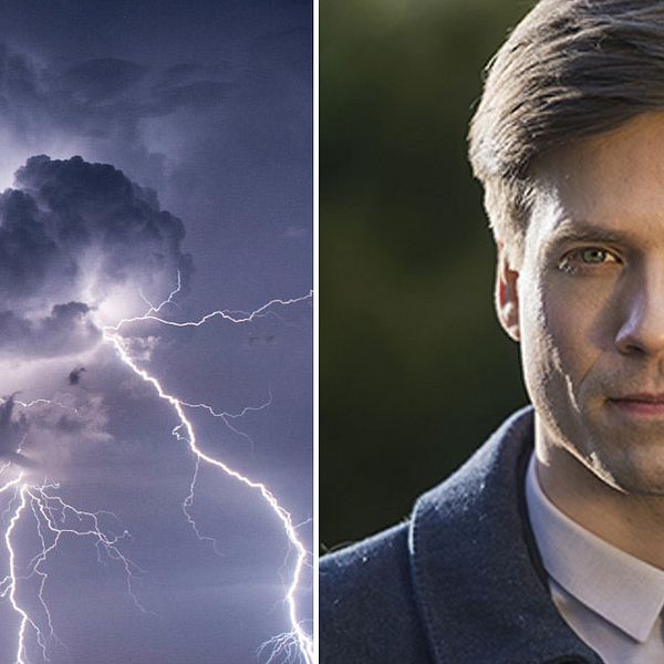 Bild på åskväder och blixt samt SVT:s meteorolog Nils Holmqvist.