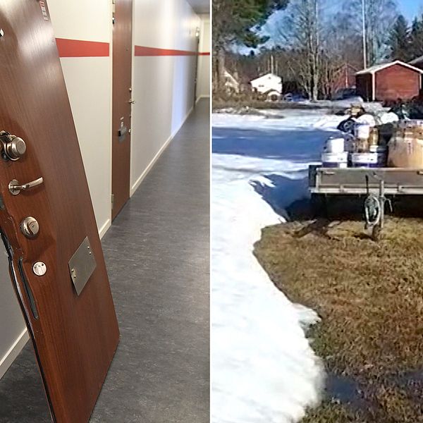 En bild på en dörr i Akalla där polisen gjorde ett tillslag i måndags, även en bild från Strömsund i Jämtland där ytterligare ett tillslag gjordes, enligt uppgifter till SVT.
