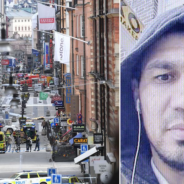 Drottninggatan den 7 april förra året, till höger den misstänkte gärningsmannen Rakhmat Akilov