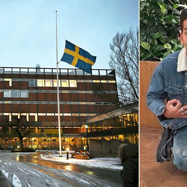Svensk flagga på halv stång utanför Enskede gårds gymnasium och Mahmoud Alizade