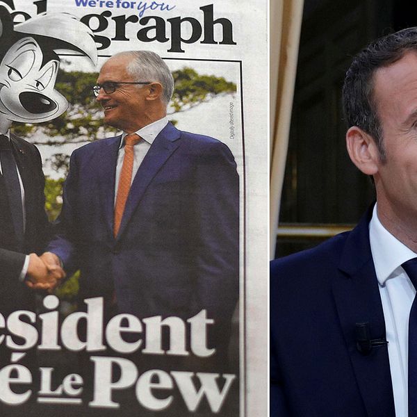 The Daily Telegraphs förstasida med Macron som en skunk tillsammans med Malcolm Turnbull, samt ”den ritkiga” Emmanuel Macron.