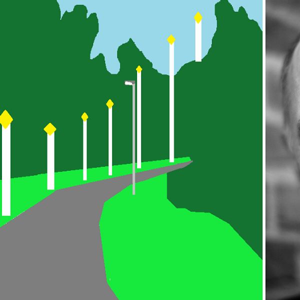 konstnären Klas Eriksson och en teckning av olika höga flaggstänger bredvid cykelväg