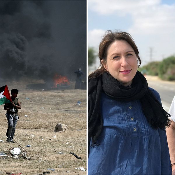 Bild från Gazaprotesterna, en pojke går med en palestinsk flagga samt bild på SVT:s team på plats – Marie Nordstrand utrikesreporter och fotograf Tomas Hallstan.