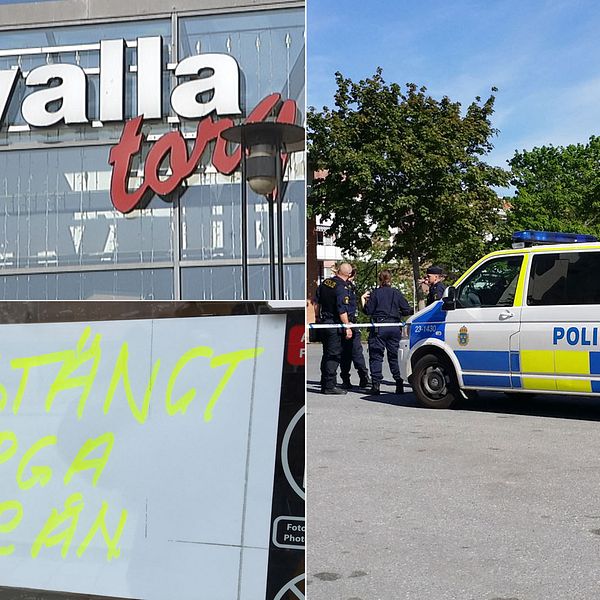 Montage av bilder: Vivallatorg, skylt märkt ”Stäng pga rån” samt polisbuss