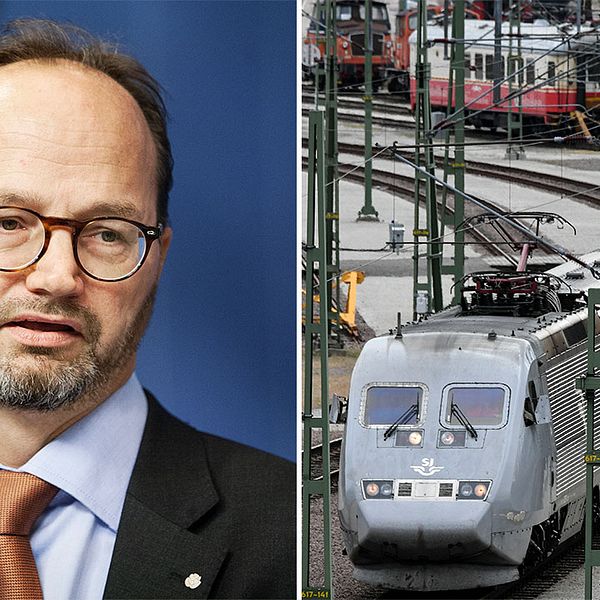 Infrastrukturminister Tomas Eneroth (S) och ett SJ-pendeltåg.