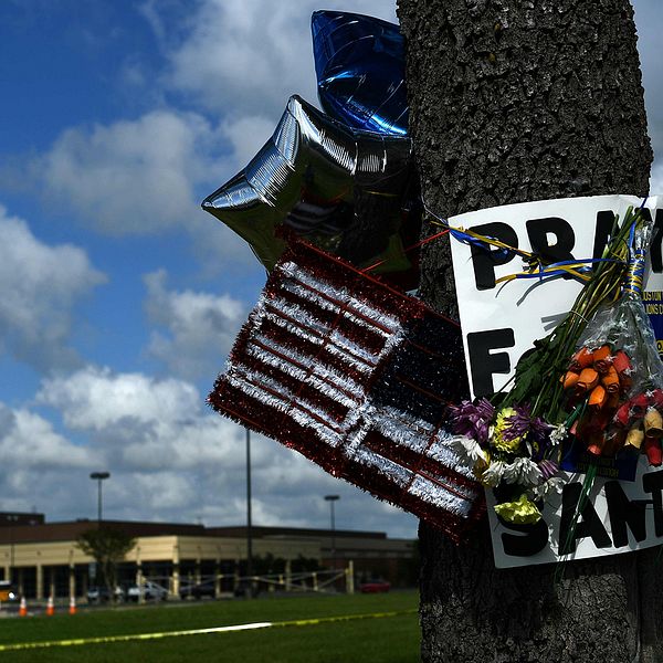 I förgrunden – träd med minneblommor. I bakgrunden – gymnasieskolan i Santa Fe.