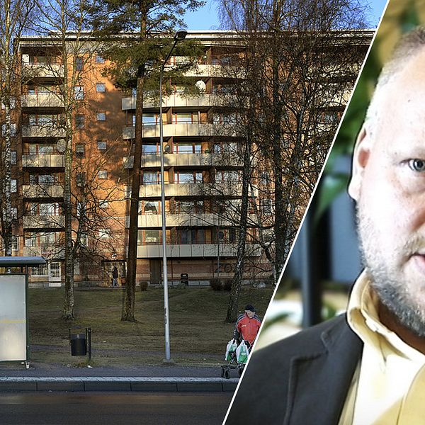 Busskur med bostadshus i bakgrunden. Till höger Hyresgästföreningens senioranalytiker Love Börjeson.