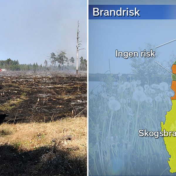 Bild från skogsbrand och en karta över riskområden.