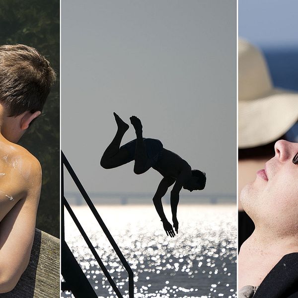 Pojke med solkräm på ryggen, person som dyker ner i vatten, person som solar.