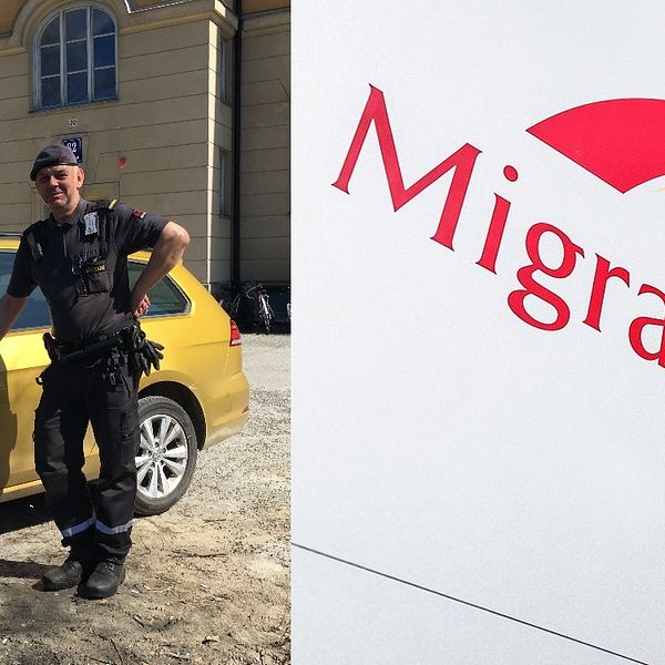 Fotomontage av Securitas framför asylboendet i Hågesta och pressbild över Migrationsverkets logotyp.