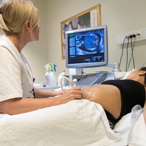 Kvinna som gör ultraljud och barnmorska.