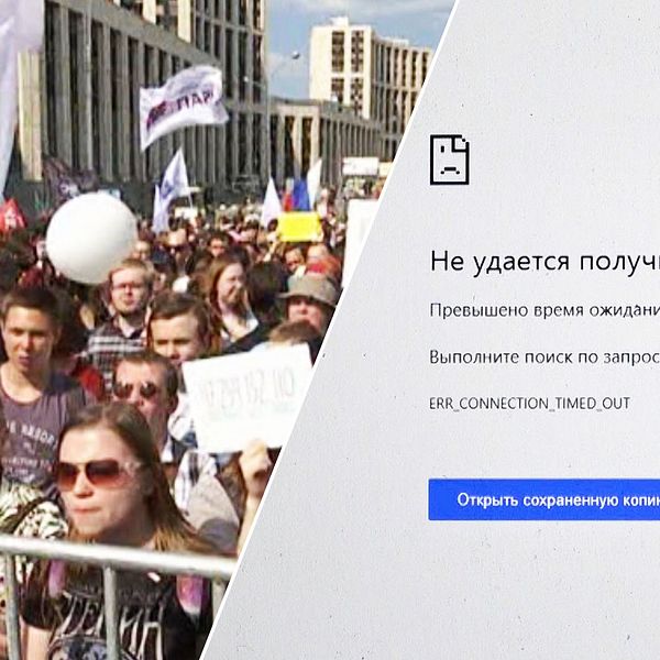 Ryska demonstranter och en webbsida som inte kan laddas.