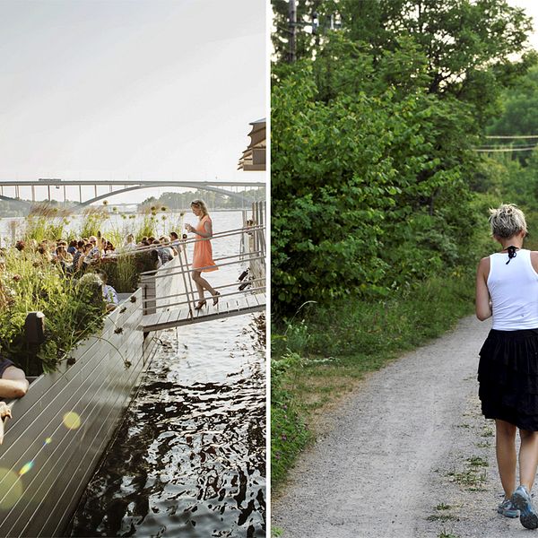 Bild på uteservering vid vattnet i Stockholm och kvinna som går på en landsväg.