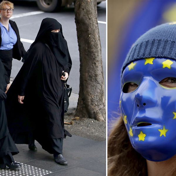 Två kvinnor i niqab som går på gatan samt en kvinna som täckt ansiktet med en EU-mask och mössa.