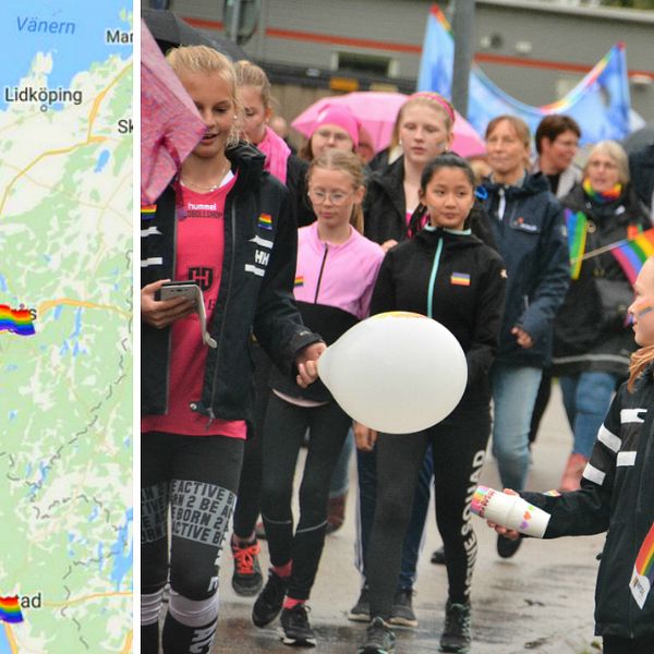 En karta över Västra Götaland och Halland med små regnbågsflaggor på varje ort som har en pridefestival i år. Bredvid den syns en bild från Mellerud Pride, med prideparaden, många unga personer går i den och bär regnbågsflaggor och ballonger.