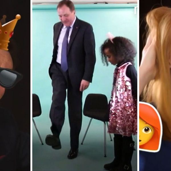 Ulf Kristersson skrattar i krona och solglasögön. Stefavn löfven dansar. Annie Lööf skrattar.