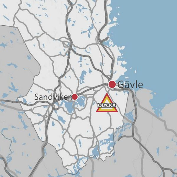 En karta över Gävleborg med städerna Gävle och Sandviken utmarkerade samt en symbol som visar var olyckan har skett.