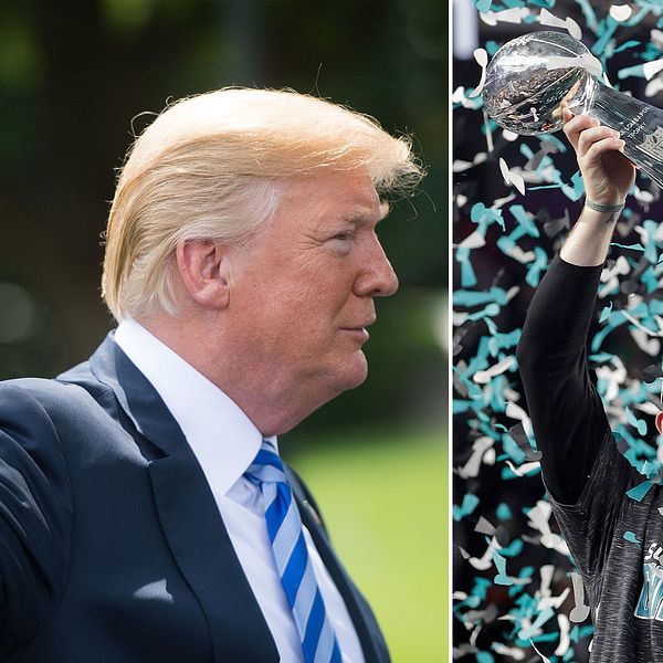 Bild på Trump och jublande Eagles-spelare.