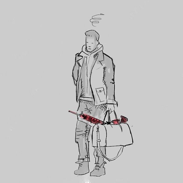 En skissad bild av en kille som har ett vapen i sin väska.