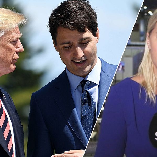 USA:s president Donald Trump, Kanadas premiärminister Justin Trudeau och SVT:s USA-korrespondent Carina Bergfeldt.